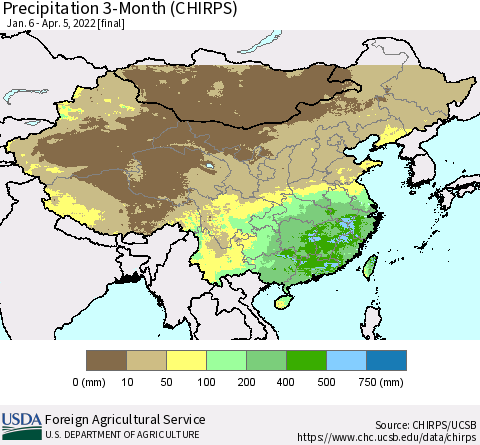 China, Mongolia and Taiwan Precipitation 3-Month (CHIRPS) Thematic Map For 1/6/2022 - 4/5/2022