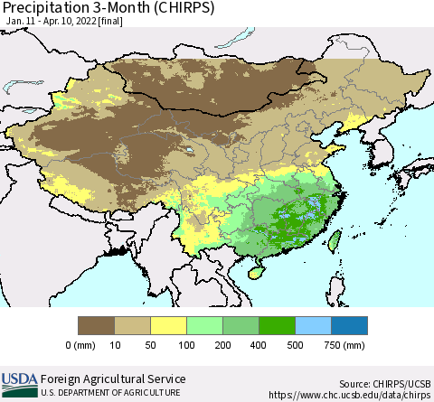 China, Mongolia and Taiwan Precipitation 3-Month (CHIRPS) Thematic Map For 1/11/2022 - 4/10/2022