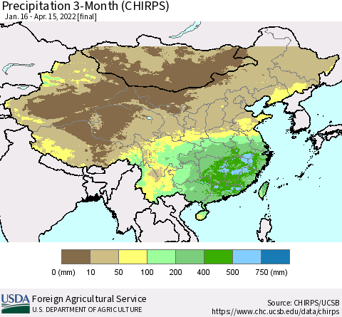 China, Mongolia and Taiwan Precipitation 3-Month (CHIRPS) Thematic Map For 1/16/2022 - 4/15/2022