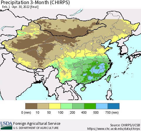 China, Mongolia and Taiwan Precipitation 3-Month (CHIRPS) Thematic Map For 2/1/2022 - 4/30/2022