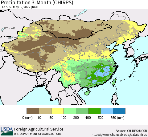 China, Mongolia and Taiwan Precipitation 3-Month (CHIRPS) Thematic Map For 2/6/2022 - 5/5/2022