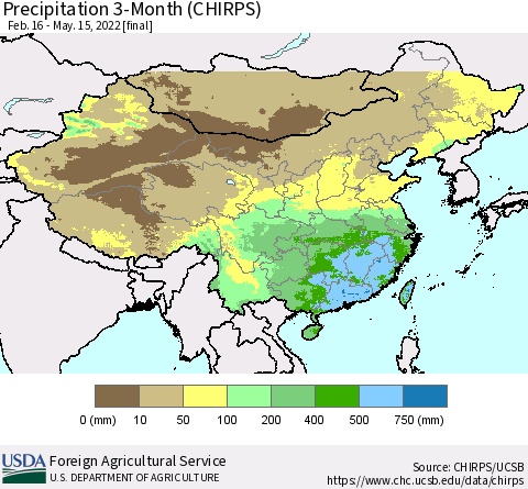 China, Mongolia and Taiwan Precipitation 3-Month (CHIRPS) Thematic Map For 2/16/2022 - 5/15/2022