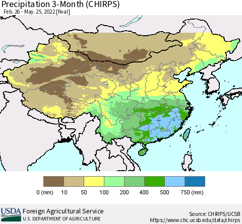 China, Mongolia and Taiwan Precipitation 3-Month (CHIRPS) Thematic Map For 2/26/2022 - 5/25/2022