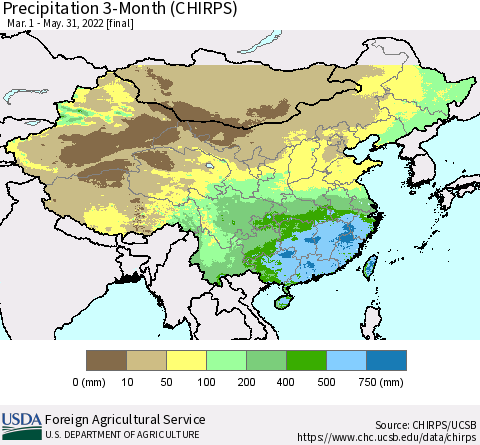 China, Mongolia and Taiwan Precipitation 3-Month (CHIRPS) Thematic Map For 3/1/2022 - 5/31/2022