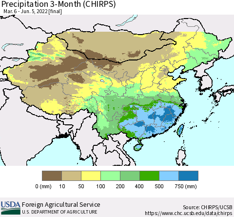 China, Mongolia and Taiwan Precipitation 3-Month (CHIRPS) Thematic Map For 3/6/2022 - 6/5/2022