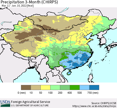 China, Mongolia and Taiwan Precipitation 3-Month (CHIRPS) Thematic Map For 3/11/2022 - 6/10/2022