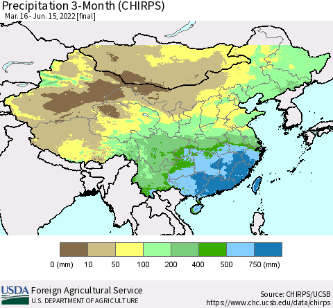 China, Mongolia and Taiwan Precipitation 3-Month (CHIRPS) Thematic Map For 3/16/2022 - 6/15/2022