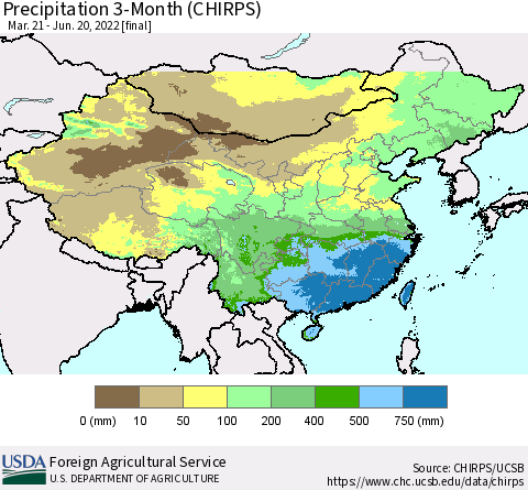 China, Mongolia and Taiwan Precipitation 3-Month (CHIRPS) Thematic Map For 3/21/2022 - 6/20/2022