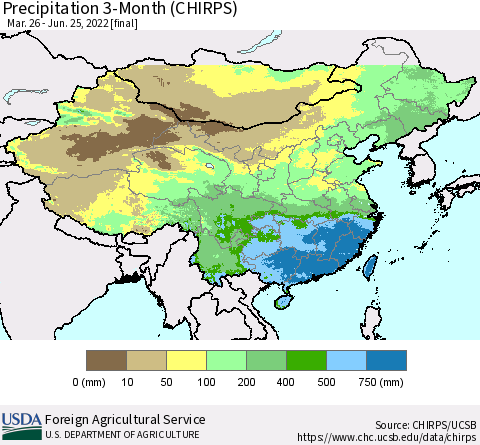 China, Mongolia and Taiwan Precipitation 3-Month (CHIRPS) Thematic Map For 3/26/2022 - 6/25/2022
