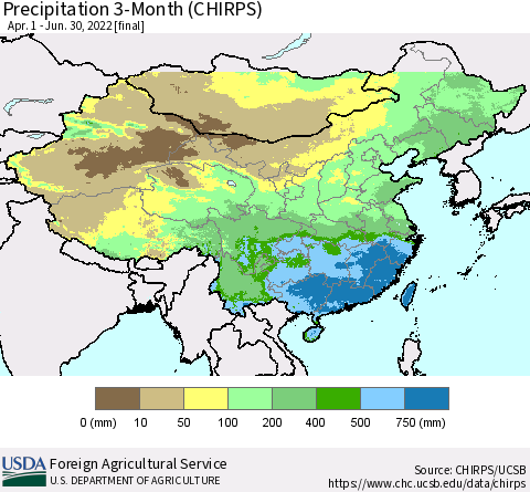China, Mongolia and Taiwan Precipitation 3-Month (CHIRPS) Thematic Map For 4/1/2022 - 6/30/2022