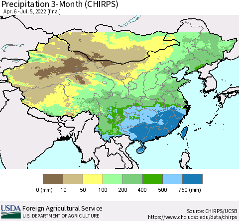 China, Mongolia and Taiwan Precipitation 3-Month (CHIRPS) Thematic Map For 4/6/2022 - 7/5/2022