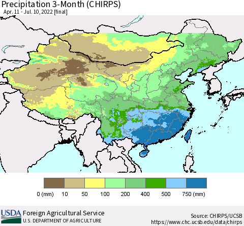 China, Mongolia and Taiwan Precipitation 3-Month (CHIRPS) Thematic Map For 4/11/2022 - 7/10/2022