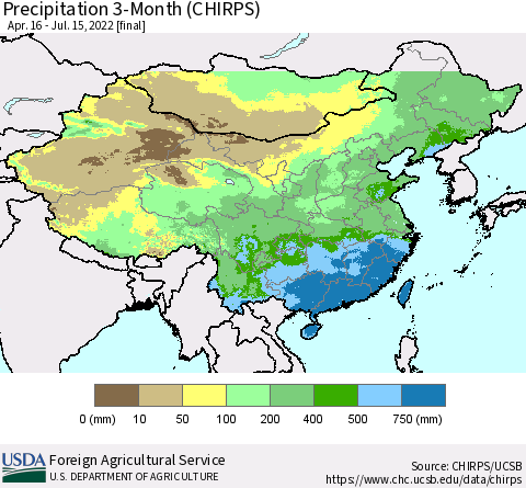 China, Mongolia and Taiwan Precipitation 3-Month (CHIRPS) Thematic Map For 4/16/2022 - 7/15/2022