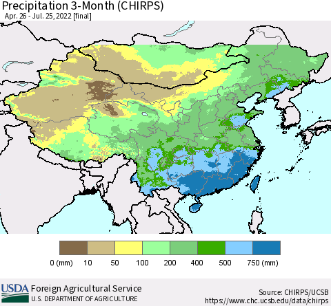 China, Mongolia and Taiwan Precipitation 3-Month (CHIRPS) Thematic Map For 4/26/2022 - 7/25/2022