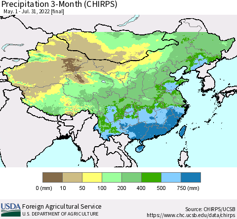 China, Mongolia and Taiwan Precipitation 3-Month (CHIRPS) Thematic Map For 5/1/2022 - 7/31/2022