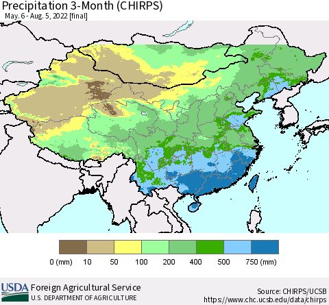 China, Mongolia and Taiwan Precipitation 3-Month (CHIRPS) Thematic Map For 5/6/2022 - 8/5/2022
