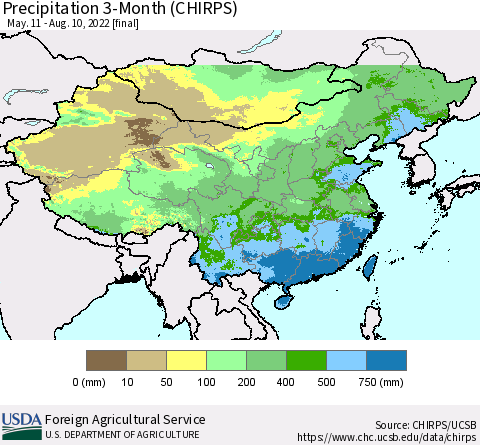 China, Mongolia and Taiwan Precipitation 3-Month (CHIRPS) Thematic Map For 5/11/2022 - 8/10/2022