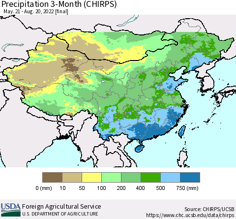 China, Mongolia and Taiwan Precipitation 3-Month (CHIRPS) Thematic Map For 5/21/2022 - 8/20/2022