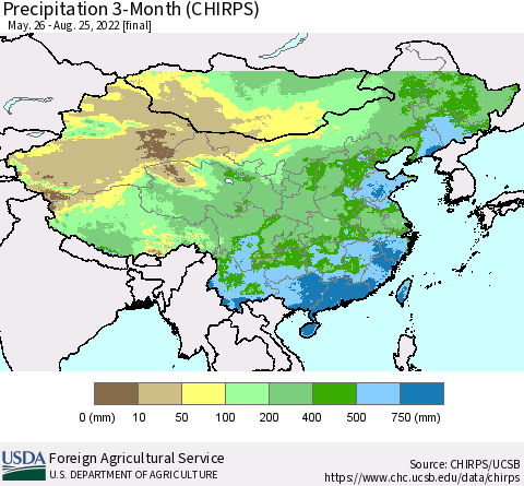 China, Mongolia and Taiwan Precipitation 3-Month (CHIRPS) Thematic Map For 5/26/2022 - 8/25/2022