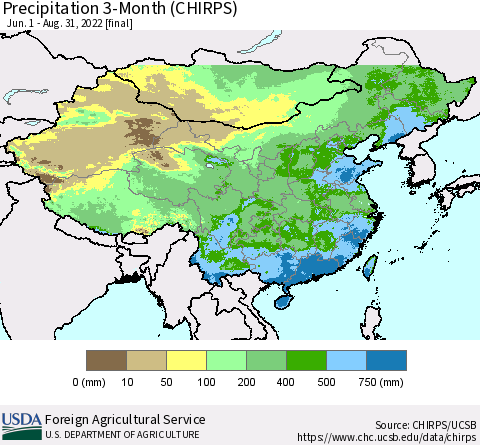 China, Mongolia and Taiwan Precipitation 3-Month (CHIRPS) Thematic Map For 6/1/2022 - 8/31/2022