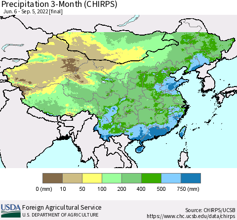 China, Mongolia and Taiwan Precipitation 3-Month (CHIRPS) Thematic Map For 6/6/2022 - 9/5/2022