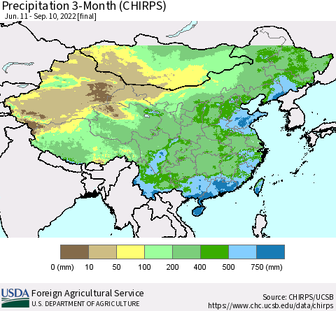 China, Mongolia and Taiwan Precipitation 3-Month (CHIRPS) Thematic Map For 6/11/2022 - 9/10/2022