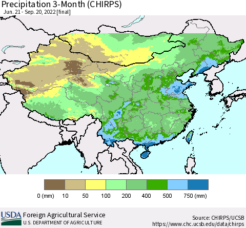 China, Mongolia and Taiwan Precipitation 3-Month (CHIRPS) Thematic Map For 6/21/2022 - 9/20/2022