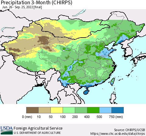 China, Mongolia and Taiwan Precipitation 3-Month (CHIRPS) Thematic Map For 6/26/2022 - 9/25/2022