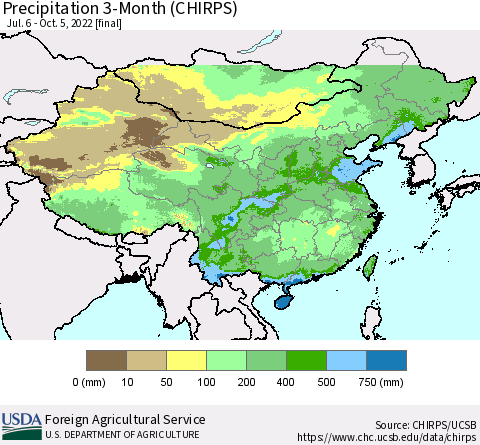 China, Mongolia and Taiwan Precipitation 3-Month (CHIRPS) Thematic Map For 7/6/2022 - 10/5/2022