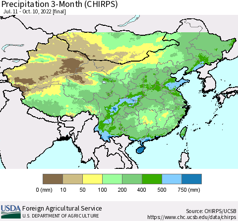 China, Mongolia and Taiwan Precipitation 3-Month (CHIRPS) Thematic Map For 7/11/2022 - 10/10/2022