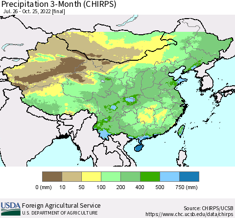 China, Mongolia and Taiwan Precipitation 3-Month (CHIRPS) Thematic Map For 7/26/2022 - 10/25/2022