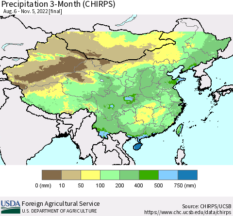 China, Mongolia and Taiwan Precipitation 3-Month (CHIRPS) Thematic Map For 8/6/2022 - 11/5/2022