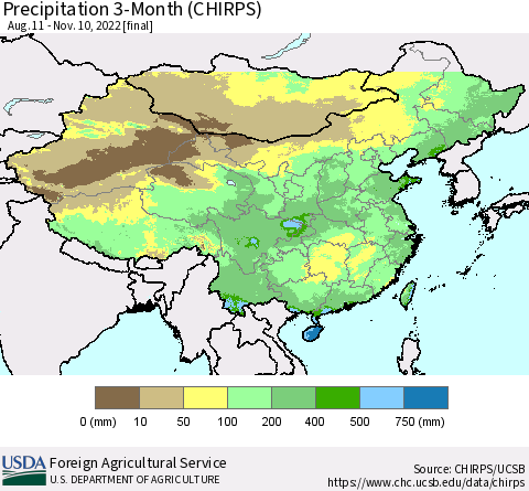 China, Mongolia and Taiwan Precipitation 3-Month (CHIRPS) Thematic Map For 8/11/2022 - 11/10/2022