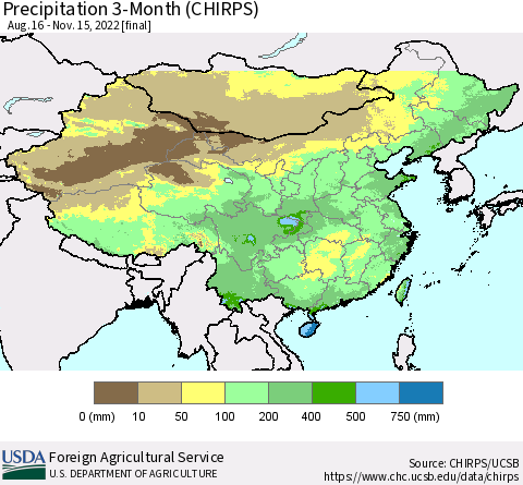 China, Mongolia and Taiwan Precipitation 3-Month (CHIRPS) Thematic Map For 8/16/2022 - 11/15/2022