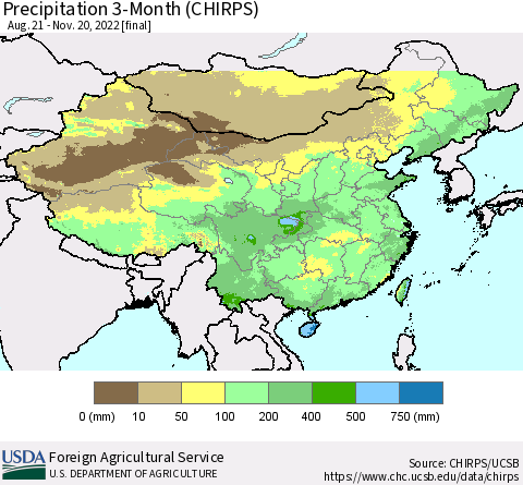 China, Mongolia and Taiwan Precipitation 3-Month (CHIRPS) Thematic Map For 8/21/2022 - 11/20/2022