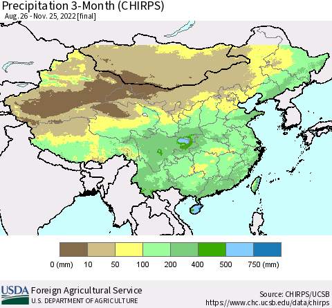 China, Mongolia and Taiwan Precipitation 3-Month (CHIRPS) Thematic Map For 8/26/2022 - 11/25/2022