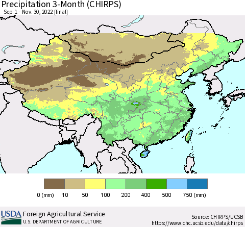 China, Mongolia and Taiwan Precipitation 3-Month (CHIRPS) Thematic Map For 9/1/2022 - 11/30/2022