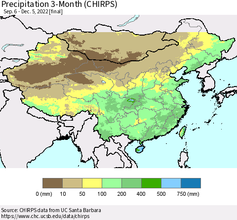 China, Mongolia and Taiwan Precipitation 3-Month (CHIRPS) Thematic Map For 9/6/2022 - 12/5/2022