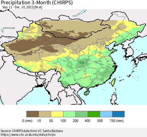China, Mongolia and Taiwan Precipitation 3-Month (CHIRPS) Thematic Map For 9/11/2022 - 12/10/2022