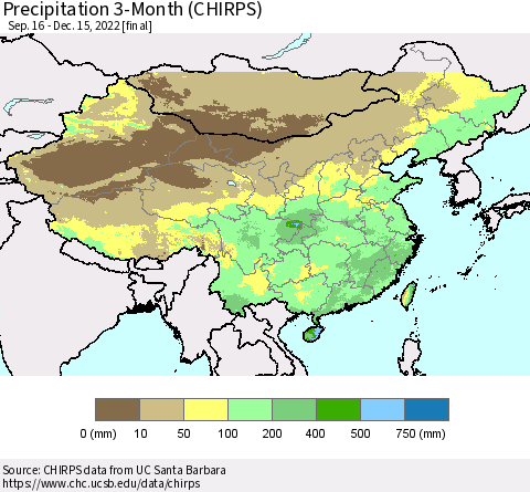 China, Mongolia and Taiwan Precipitation 3-Month (CHIRPS) Thematic Map For 9/16/2022 - 12/15/2022