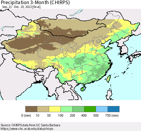 China, Mongolia and Taiwan Precipitation 3-Month (CHIRPS) Thematic Map For 9/21/2022 - 12/20/2022