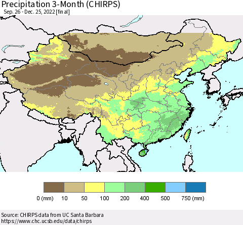 China, Mongolia and Taiwan Precipitation 3-Month (CHIRPS) Thematic Map For 9/26/2022 - 12/25/2022