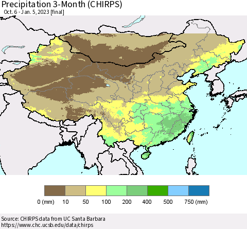 China, Mongolia and Taiwan Precipitation 3-Month (CHIRPS) Thematic Map For 10/6/2022 - 1/5/2023