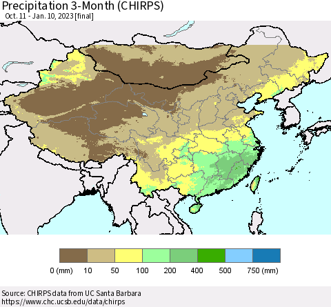 China, Mongolia and Taiwan Precipitation 3-Month (CHIRPS) Thematic Map For 10/11/2022 - 1/10/2023