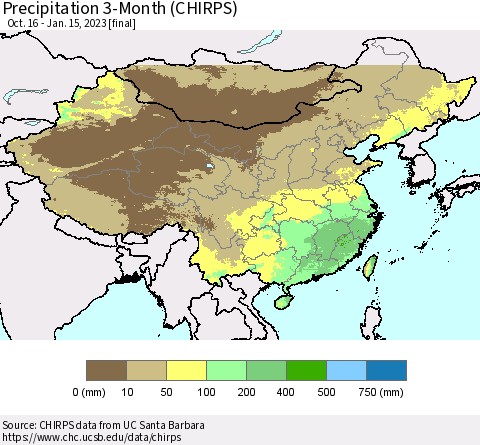 China, Mongolia and Taiwan Precipitation 3-Month (CHIRPS) Thematic Map For 10/16/2022 - 1/15/2023