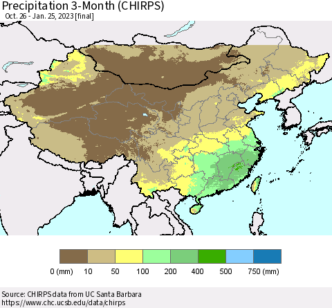 China, Mongolia and Taiwan Precipitation 3-Month (CHIRPS) Thematic Map For 10/26/2022 - 1/25/2023
