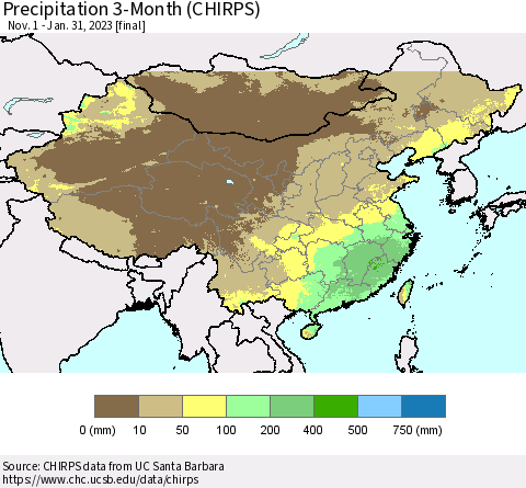 China, Mongolia and Taiwan Precipitation 3-Month (CHIRPS) Thematic Map For 11/1/2022 - 1/31/2023