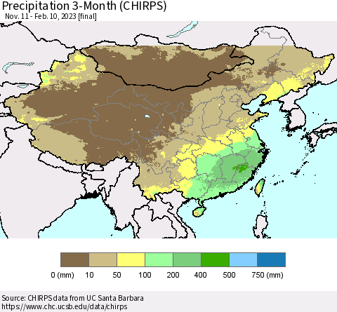 China, Mongolia and Taiwan Precipitation 3-Month (CHIRPS) Thematic Map For 11/11/2022 - 2/10/2023