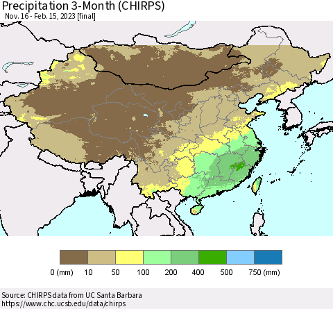 China, Mongolia and Taiwan Precipitation 3-Month (CHIRPS) Thematic Map For 11/16/2022 - 2/15/2023