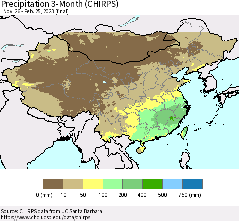 China, Mongolia and Taiwan Precipitation 3-Month (CHIRPS) Thematic Map For 11/26/2022 - 2/25/2023